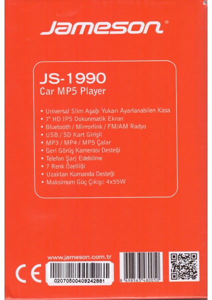 JS-1990 Double Teyp Kameralı 7" 4X55W Mirror Link Bt/usb/sd/mp5/aux/fmtofas Seri