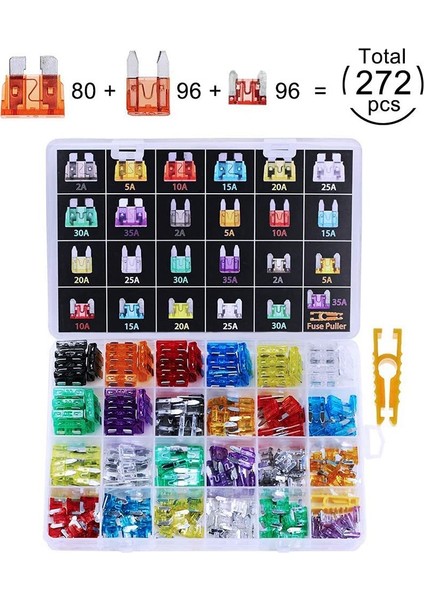 272 Adet Mini Anti-Hırsızlık Araba Sigorta Fişi Sigorta Ayırıcı Sigorta Tutucu Kiti (2A /5A /10A /15A /20A /25A/30A /35A) Sigorta Çektirmesi ile (Yurt Dışından) fiyatları