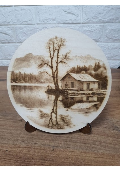 18,5 x 18,5 cm Ahşap Yakma Orman ve Göl Tablo