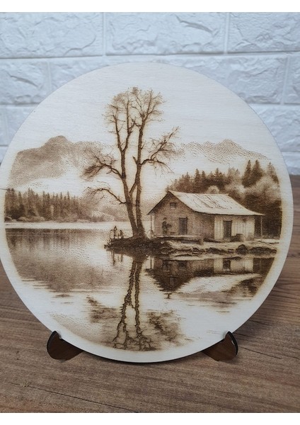 18,5 x 18,5 cm Ahşap Yakma Orman ve Göl Tablo