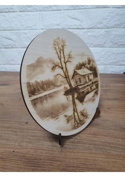 18,5 x 18,5 cm Ahşap Yakma Orman ve Göl Tablo