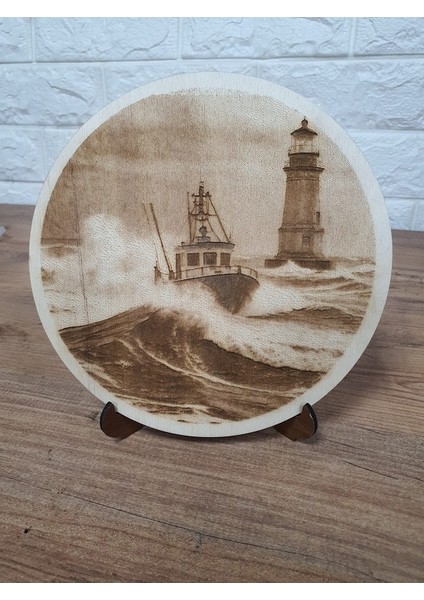 18,5 x 18,5 cm Ahşap Yakma Tekne ve Deniz Feneri Tablo
