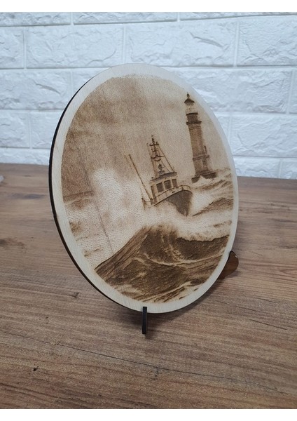 18,5 x 18,5 cm Ahşap Yakma Tekne ve Deniz Feneri Tablo