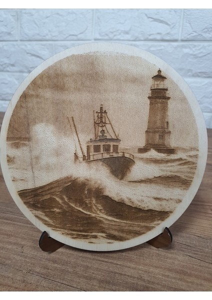 18,5 x 18,5 cm Ahşap Yakma Tekne ve Deniz Feneri Tablo
