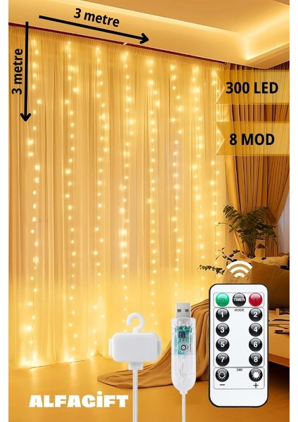 300 Ledli 10 Saçaklı Perde LED Işık-8 Mod, Uzaktan Kumandalı, Su Geçirmez, 3x3 Metre
