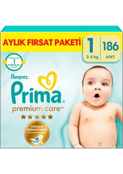Bebek Bezi Premium Care 1 Numara 186 Adet Yenidoğan Aylık Fırsat Paketi