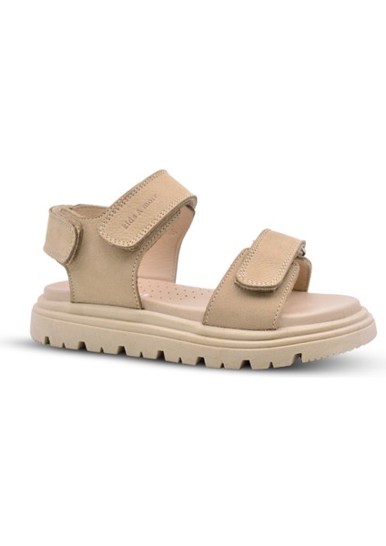 Santos Çift Cırtlı Deri Çocuk Sandalet Bej Rengi