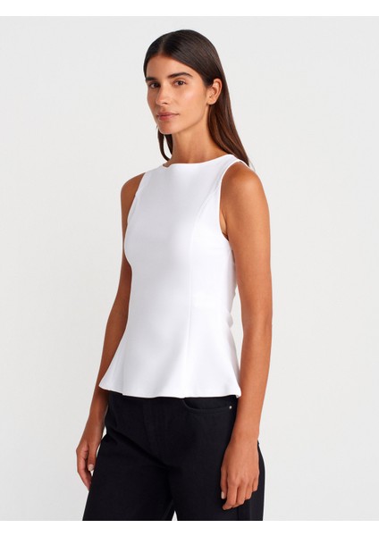 21001 Kayık Yaka Peplum Top-Beyaz