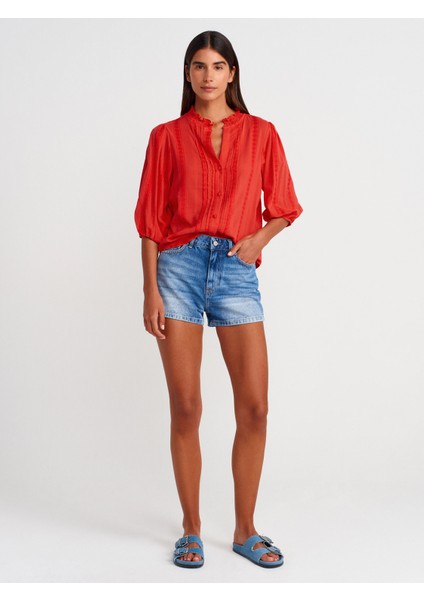 5807 Nervür Detaylı Balon Kol Gömlek-A.kırmızı fırsatları