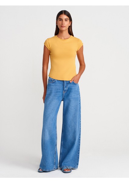 71980 Dökümlü Geniş Denim Pantolon-Mavi