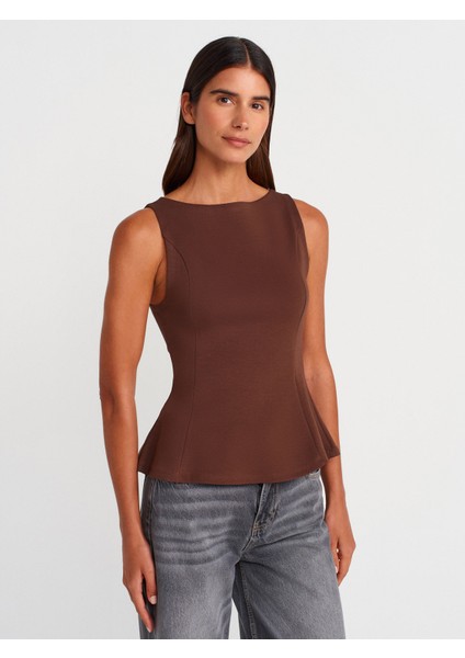21001 Kayık Yaka Peplum Top-Açık Kahve