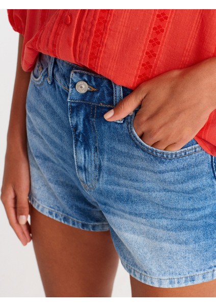 71974 Taşlanmış Mom Denim Şort-Koyu Mavi