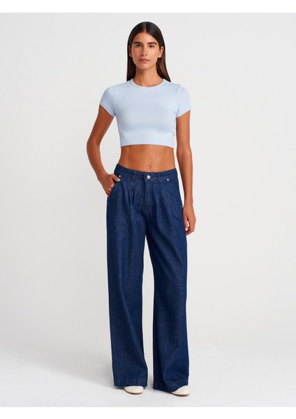 71976 Çift Pileli Denim Pantolon-Lacivert