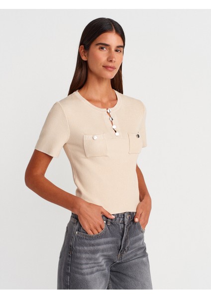 10733 Bisiklet Yaka Cepli Düğmeli Triko Bluz-Taş