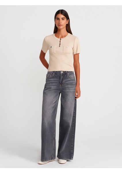 10733 Bisiklet Yaka Cepli Düğmeli Triko Bluz-Taş fırsatları