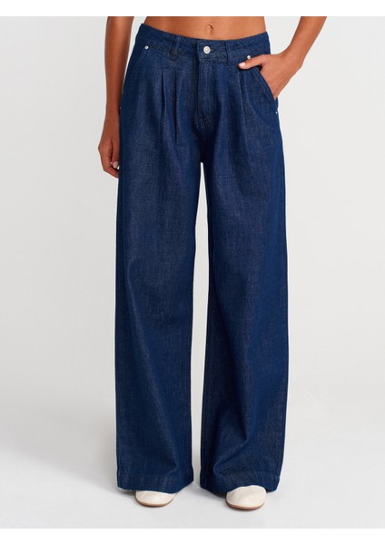 71976 Çift Pileli Denim Pantolon-Lacivert