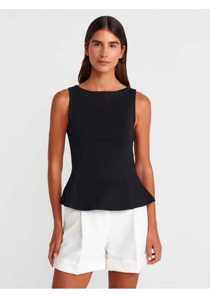 21001 Kayık Yaka Peplum Top-Siyah