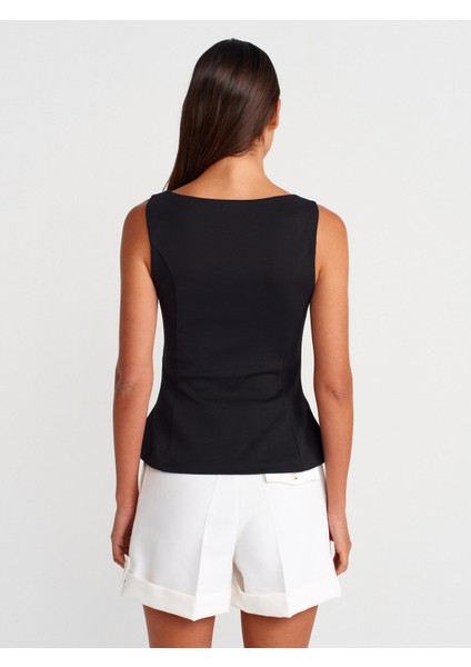 21001 Kayık Yaka Peplum Top-Siyah