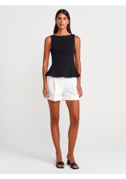 21001 Kayık Yaka Peplum Top-Siyah