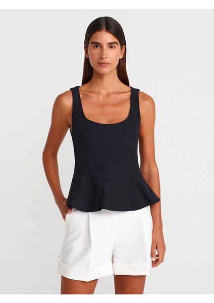 50291 Kare Yaka Peplum Top-Siyah