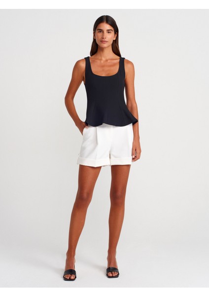 50291 Kare Yaka Peplum Top-Siyah