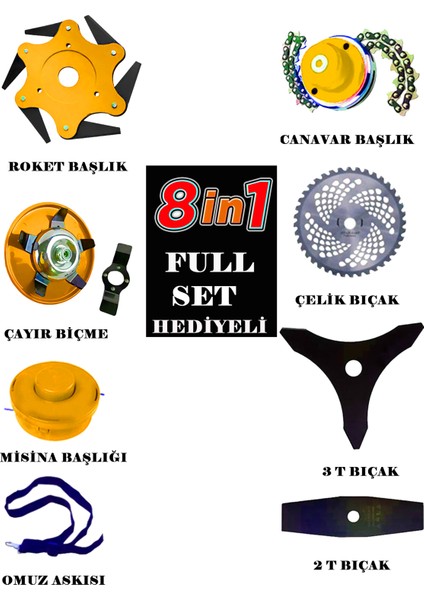 German Yellow Still 8 İN 1 Yan Tipi Tırpan Ot Çim Çalı Çayır Biçme Makinesi Aparat Hediyeli