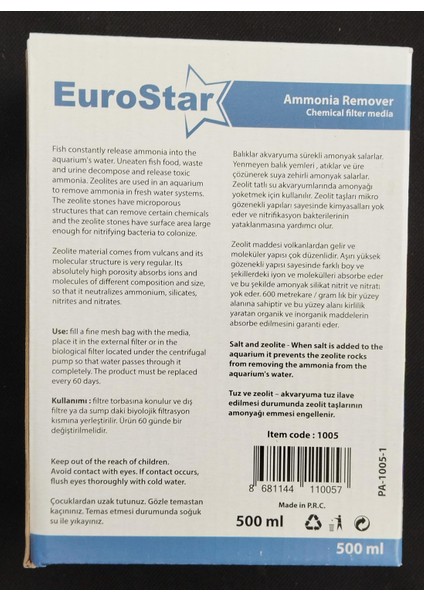 Amonyak Giderici Zeolite Filtre Malzemesi 500 Ml