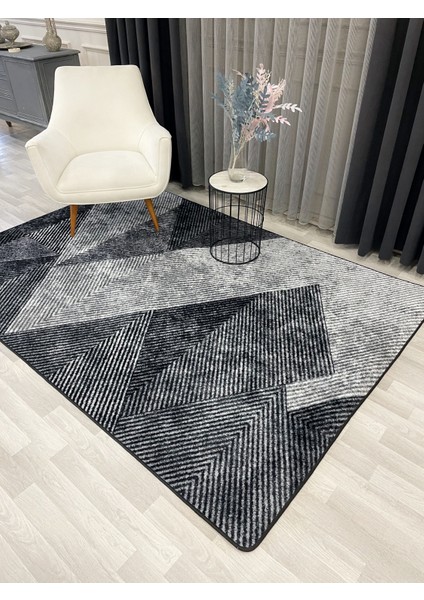 Gri Renk Geometrik Desen Kaymaz Taban Yolluk Halı