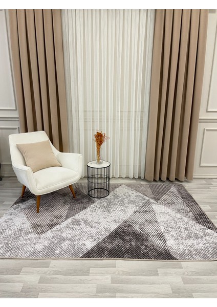 Bej Renk Geometrik Desen Kaymaz Taban Yolluk Halı