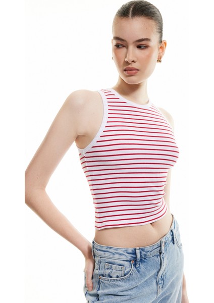 Pamuklu Kolsuz Bisiklet Yaka Fitilli Crop Atlet