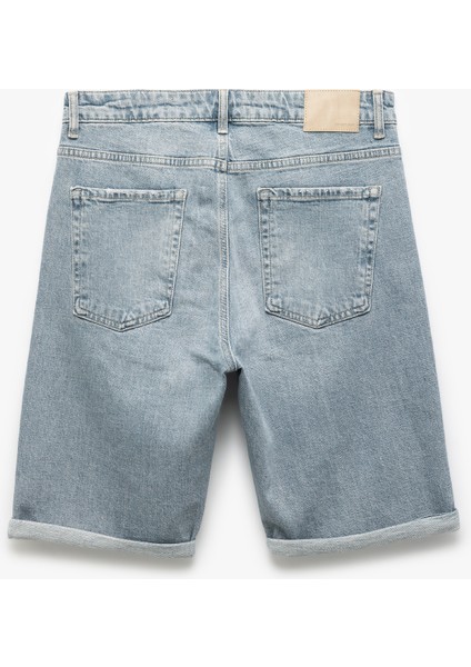 Düğmeli Pamuklu Katlamalı Paça Slim Fit Denim Şort