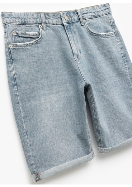 Düğmeli Pamuklu Katlamalı Paça Slim Fit Denim Şort