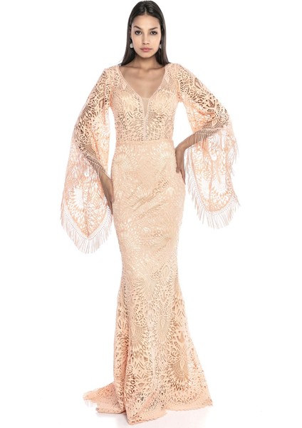 Somon Kol Detaylı V Yaka Dantel Uzun Abiye fiyatları