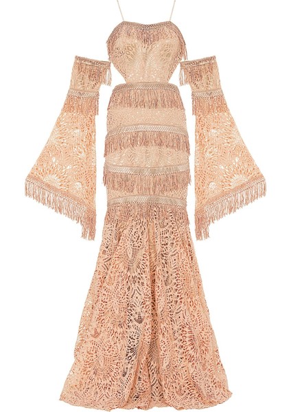 Somon Bel ve Kol Detaylı Askılı Uzun Abiye