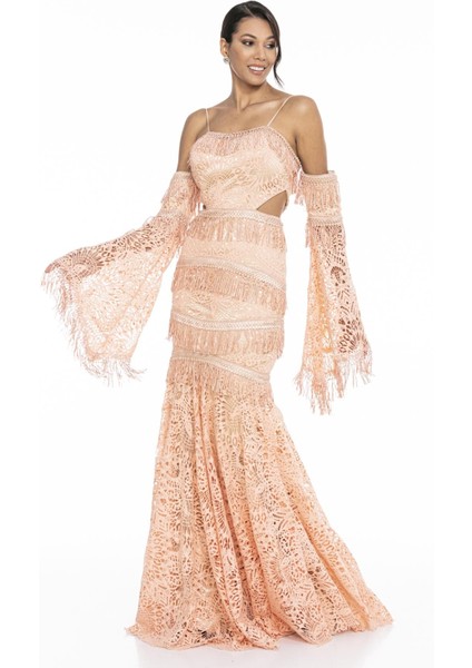 Somon Bel ve Kol Detaylı Askılı Uzun Abiye fiyatları