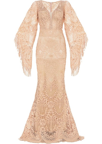 Somon Kol Detaylı V Yaka Dantel Uzun Abiye