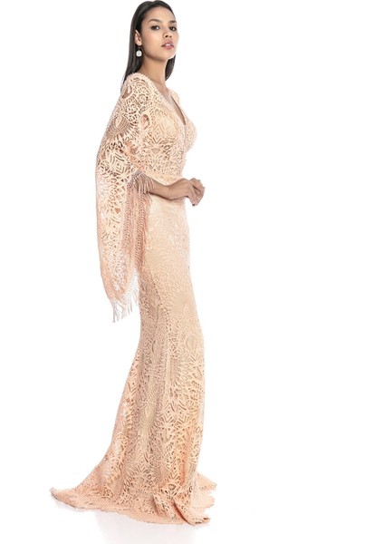 Somon Kol Detaylı V Yaka Dantel Uzun Abiye modelleri