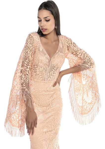 Somon Kol Detaylı V Yaka Dantel Uzun Abiye fırsatları