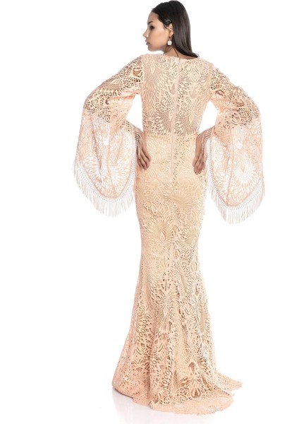 Somon Kol Detaylı V Yaka Dantel Uzun Abiye indirimleri