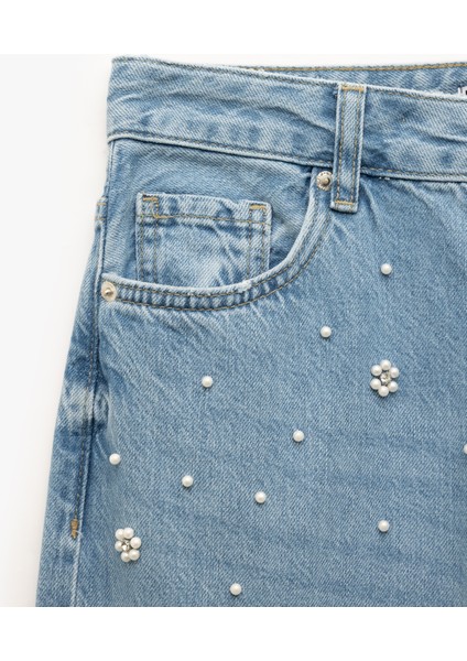 Normal Bel Düğmeli Taş Detaylı Jean Pantolon - Straight Fit Jean fırsatları