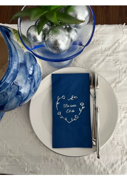 Gümüş Yaldızlı Bodrum Mavisi Bir Ömür El Ele Peçete 16 Adet