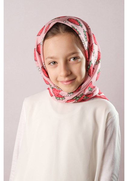 Pembe Dijital Baskılı Çocuk Tesettür Eşarp Pamuk Polyester Çilek Desenli 6001_04