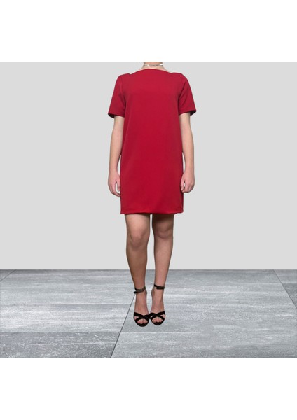 Kırmızı Kare Yaka Klasik Kısa Kollu Spor-Şık Mini Elbise fiyatları