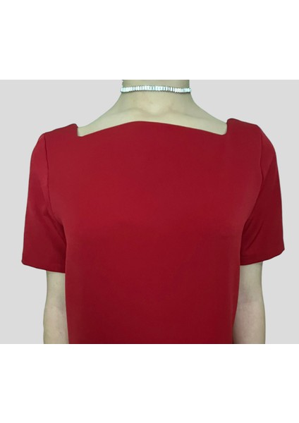 Kırmızı Kare Yaka Klasik Kısa Kollu Spor-Şık Mini Elbise modelleri