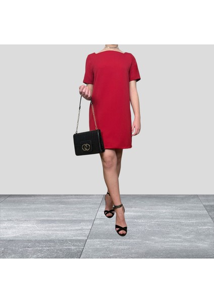 Kırmızı Kare Yaka Klasik Kısa Kollu Spor-Şık Mini Elbise indirimleri