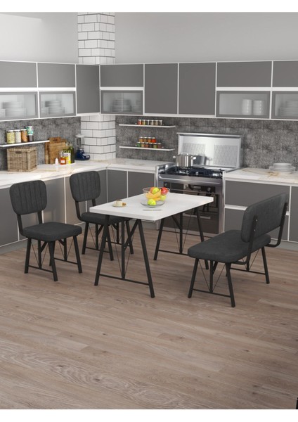 Hayat 70 x 110 Beyaz Mutfak Masası, Mutfak Masası Takımı, Yemek Masası, 2 Sandalye 1 Bench - Antrasit