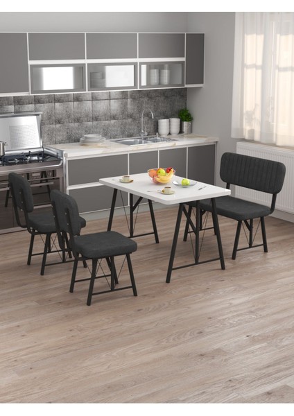 Hayat 70 x 110 Beyaz Mutfak Masası, Mutfak Masası Takımı, Yemek Masası, 2 Sandalye 1 Bench - Antrasit fiyatları