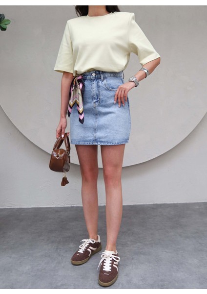 Açık Mavi Mini Denim Etek