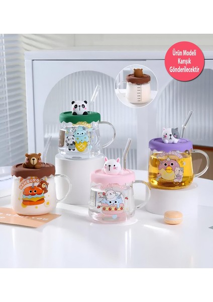 Renkli Hayvan Figürlü Silikon Kapaklı Pipetli Cam Kupa