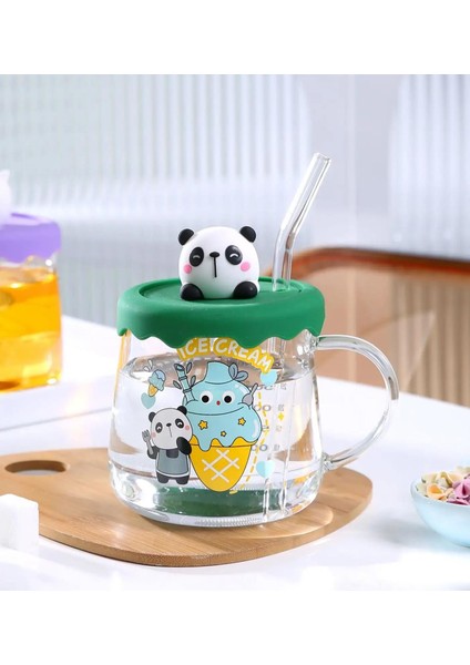 Renkli Hayvan Figürlü Silikon Kapaklı Pipetli Cam Kupa modelleri